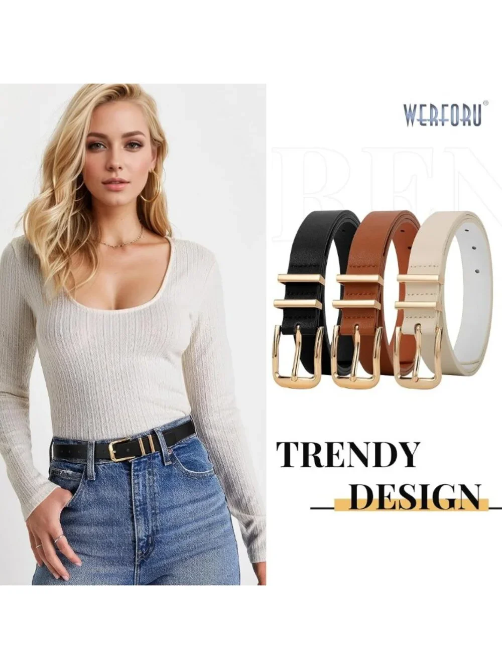 Stylish 3-Pack Women's Leather Belts with Gold Buckle for Jeans & Pants